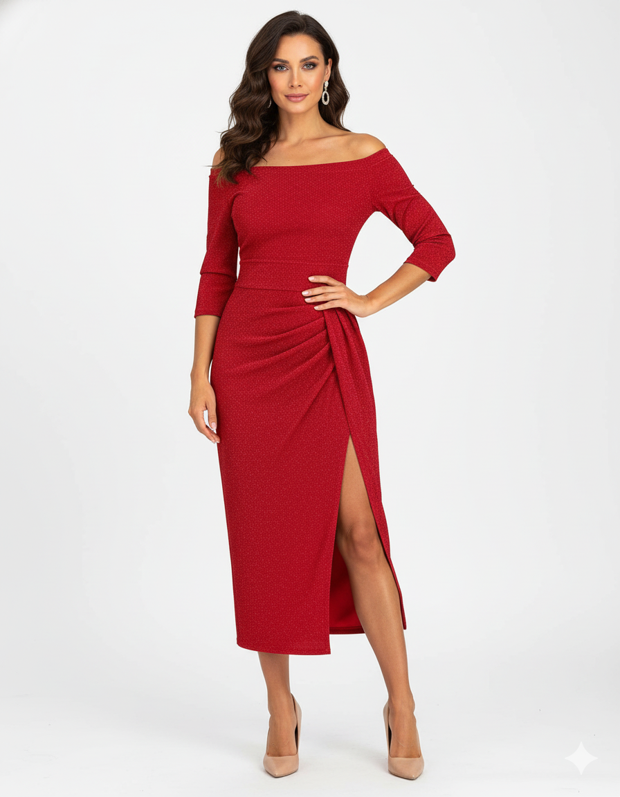 Marina | Rochie off-shoulder cu slit elegant
