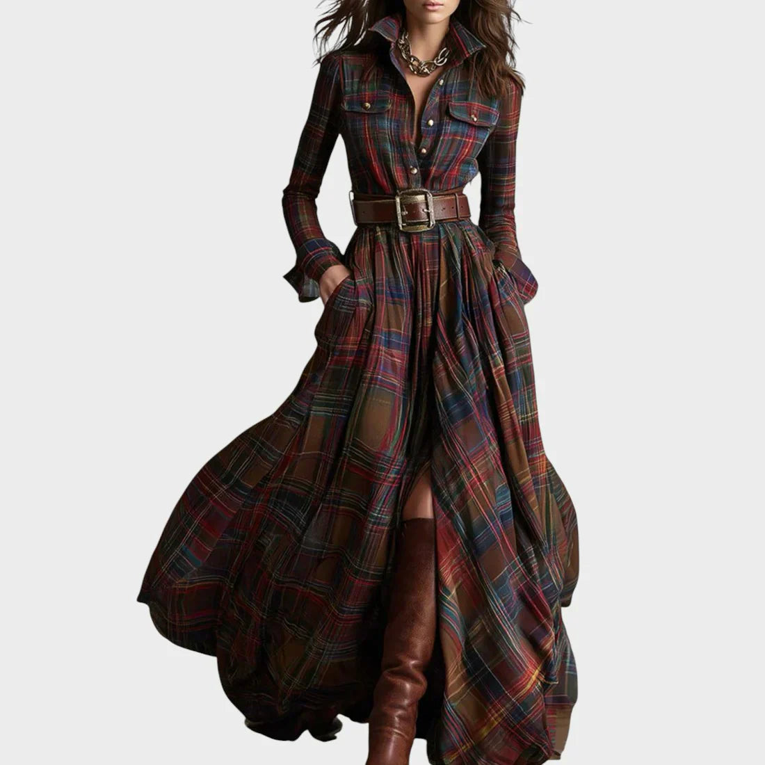 Amelia | Rochie lungă în carouri cu aer boem