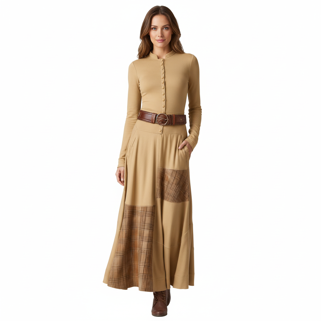 Nora | Rochie maxi cu patchwork și nasturi decorativi