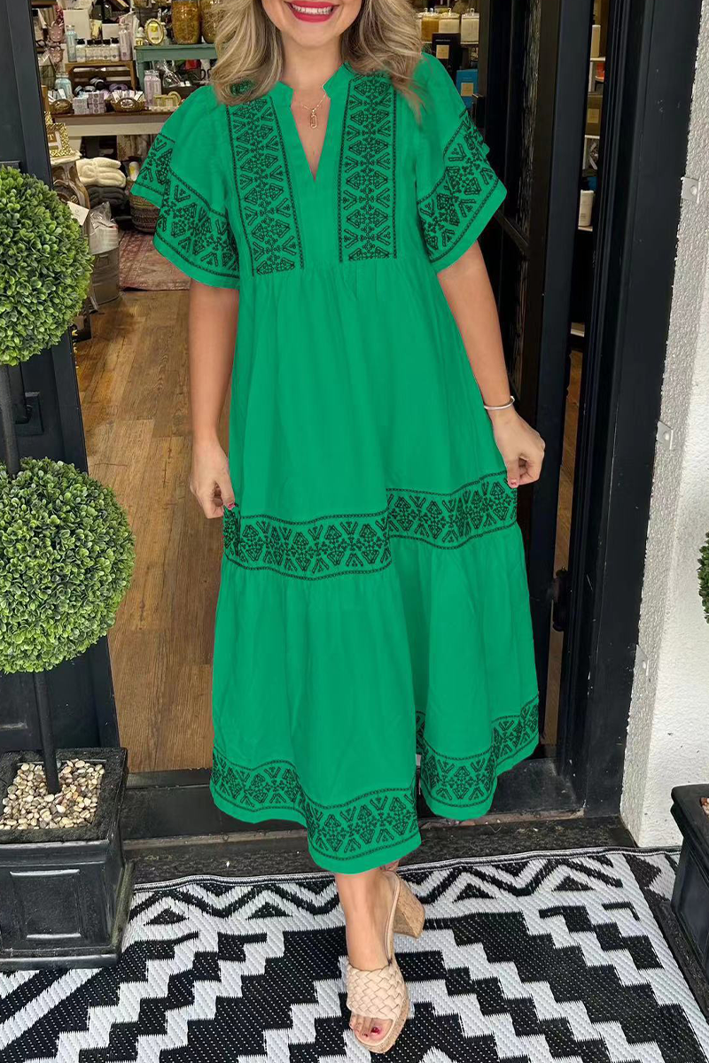 SORAYA – ROCHIE A-LINE CU DECOLTE IN V, DIN PATCHWORK GEOMETRIC